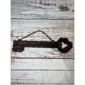 Rare Vintage Hand Made Brown Wood Key Rack‎ Wooden Primitive Chain Iron Hanging